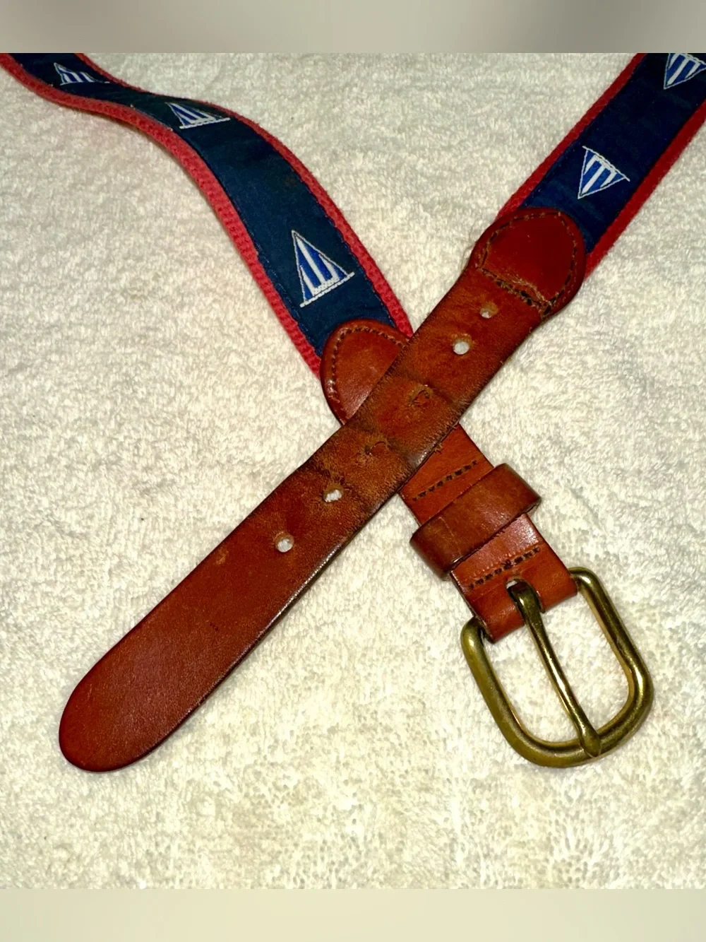 Vintage Leather Man Ltd Sailboat Ribbon Canvas Belt Brass Size 42